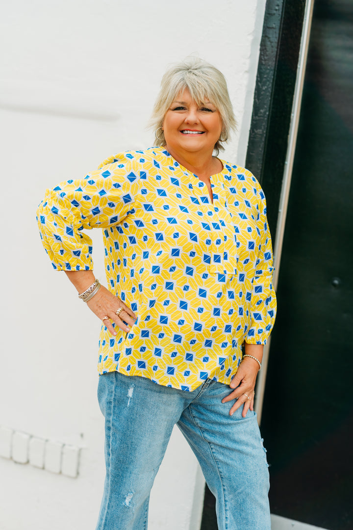 Multiples: (Summer Breeze) 3/4 Bell Sleeve Band Collar Crinkle Woven Top in Multi M25610TM