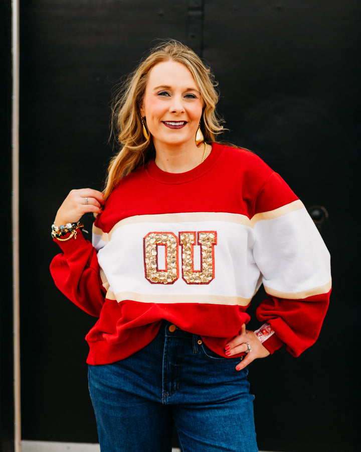 Queen of Sparkles: Licensed Oklahoma Colorblock Jewel Letter Sweatshirt
