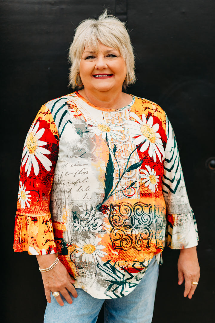 Multiples:  (Sun Stone) 3/4 Flounce Sleeve Bateau Neck Embellished Top (M35601TM)