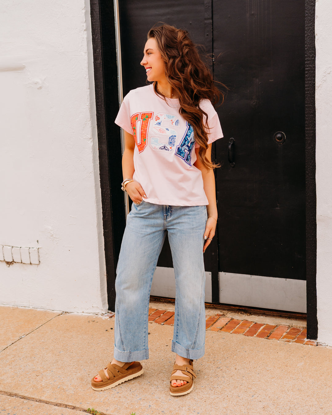 Queen Of Sparkles: Light Pink 'USA' Bandana Tee in White (SUM26201) - The Vogue Boutique