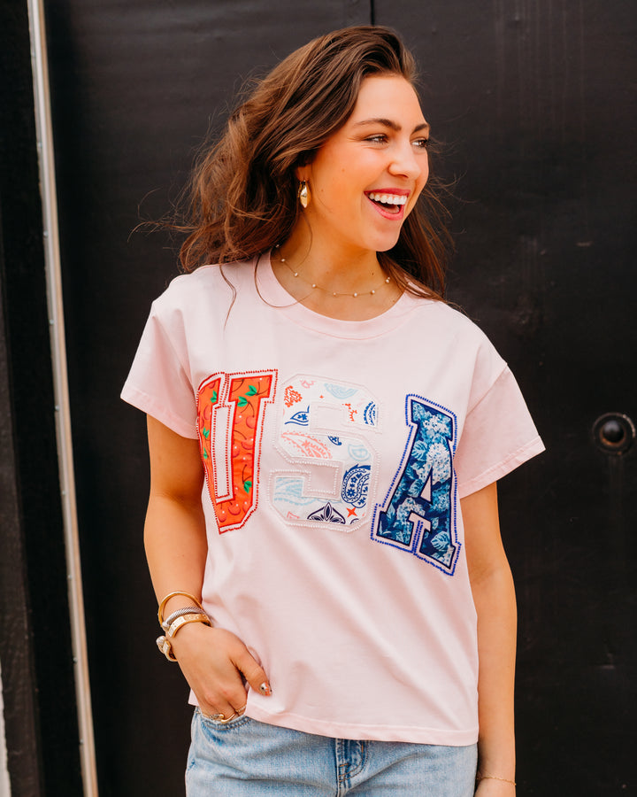Queen Of Sparkles: Light Pink 'USA' Bandana Tee in White (SUM26201) - The Vogue Boutique