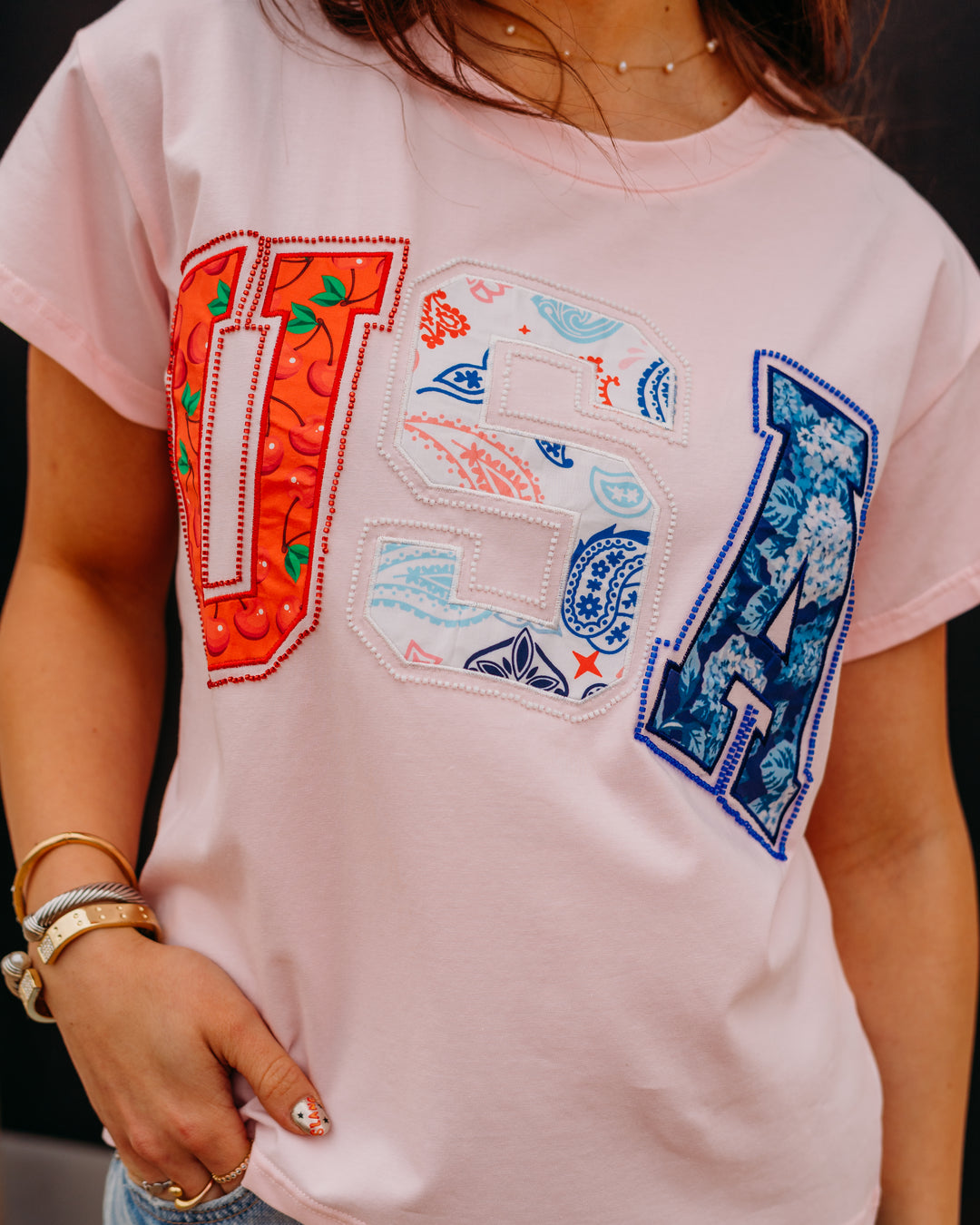 Queen Of Sparkles: Light Pink 'USA' Bandana Tee in White (SUM26201) - The Vogue Boutique