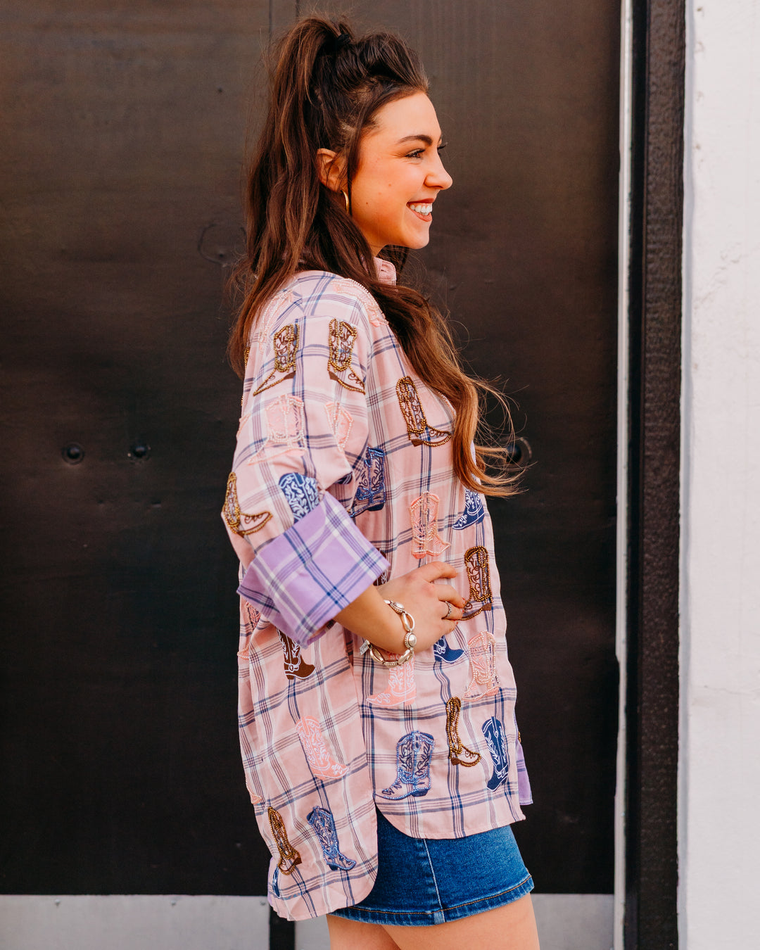 Queen Of Sparkles: Plaid Scattered Cowboy Boot Button Up Tunic in Pink/Purple (SP26710)