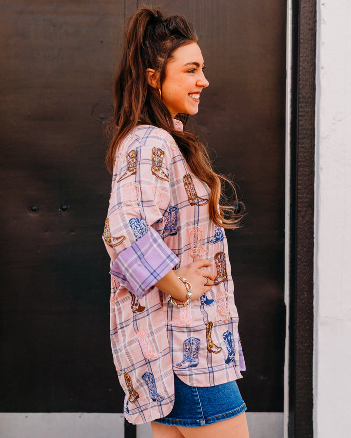 Queen Of Sparkles: Plaid Scattered Cowboy Boot Button Up Tunic in Pink/Purple (SP26710)