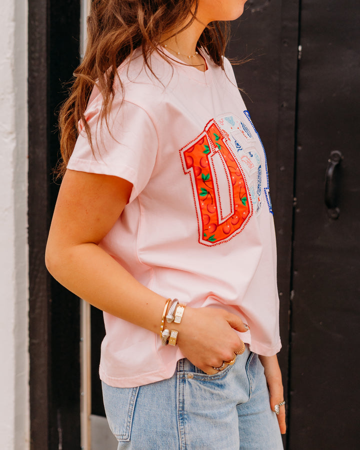 Queen Of Sparkles: Light Pink 'USA' Bandana Tee in White (SUM26201) - The Vogue Boutique