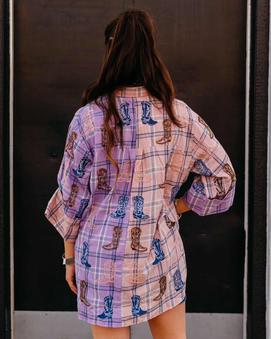 Queen Of Sparkles: Plaid Scattered Cowboy Boot Button Up Tunic in Pink/Purple (SP26710)