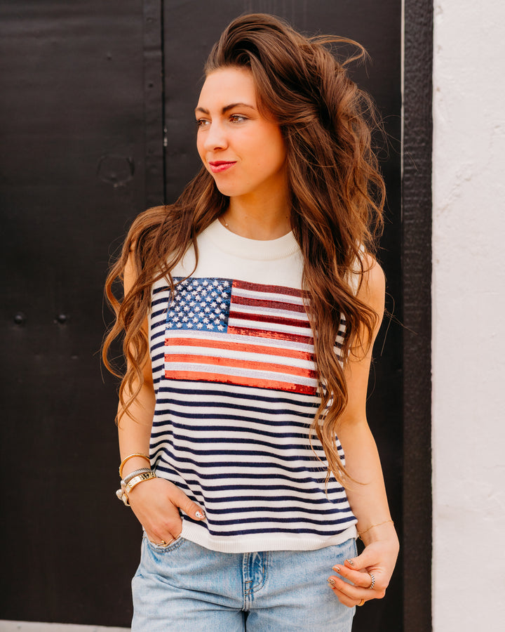 Queen Of Sparkles: Knit American Flag Stripe Tank in Multi (SUM26288)