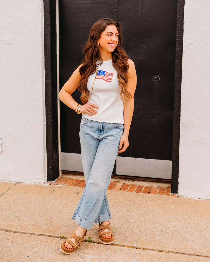 Queen Of Sparkles: White American Flag Tank Top in White (SUM26287)