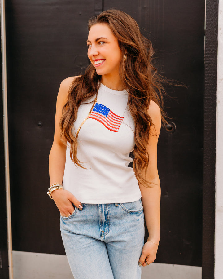 Queen Of Sparkles: White American Flag Tank Top in White (SUM26287)