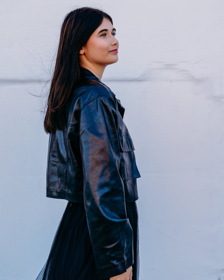 Elan: Black Faux Leather Jacket fl8258