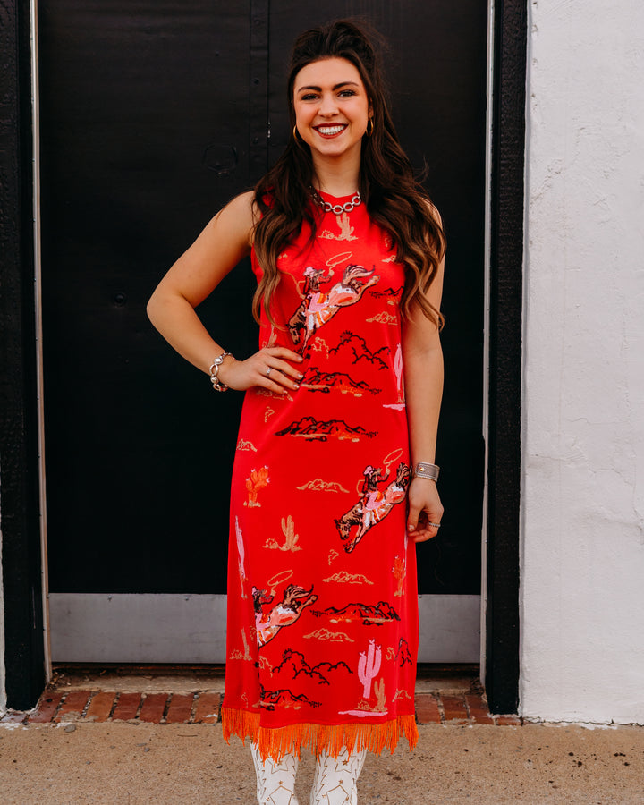 Queen Of Sparkles: Bucking Cowgirl Fringe Midi Tank Dress in Red (SP26205)