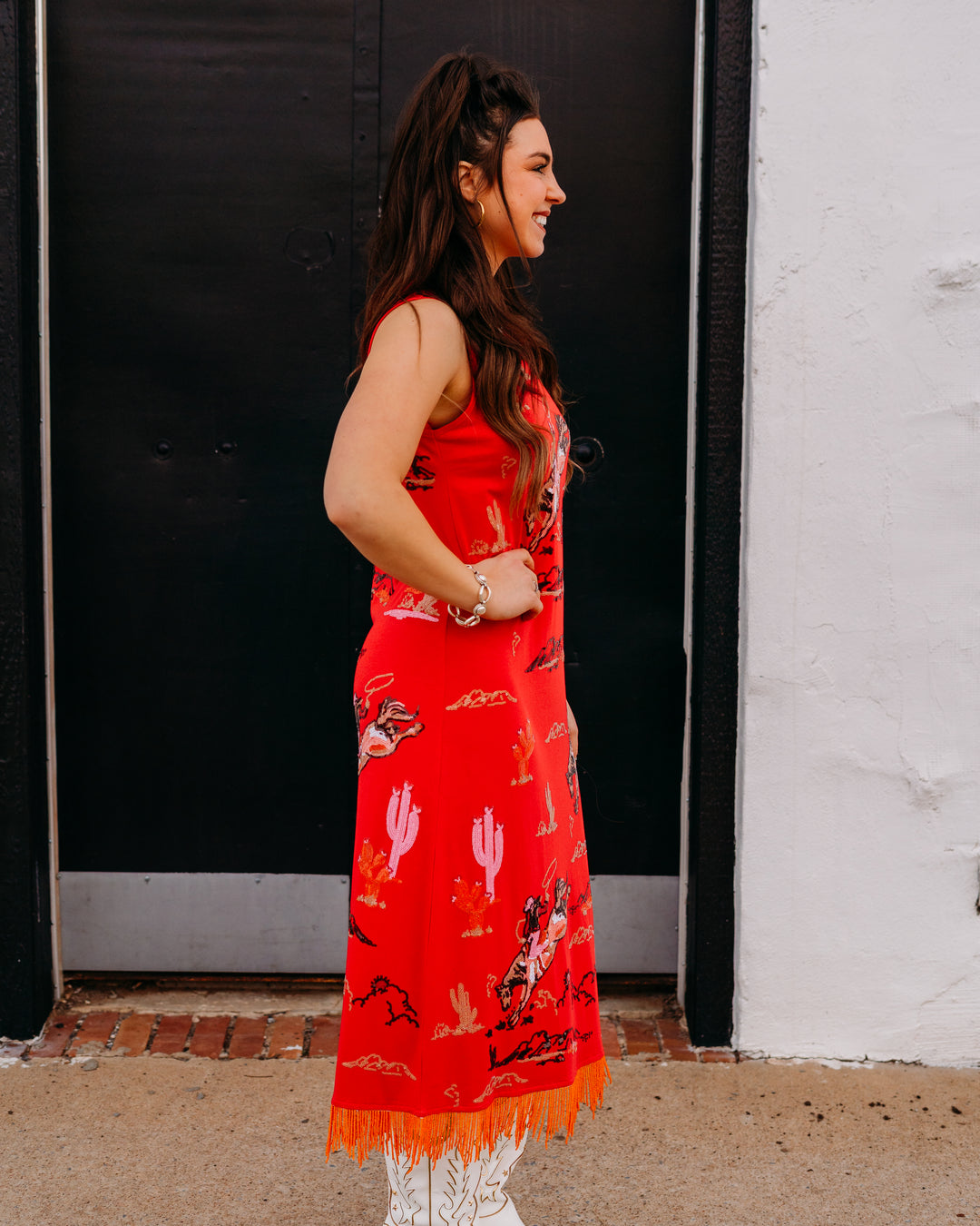 Queen Of Sparkles: Bucking Cowgirl Fringe Midi Tank Dress in Red (SP26205)