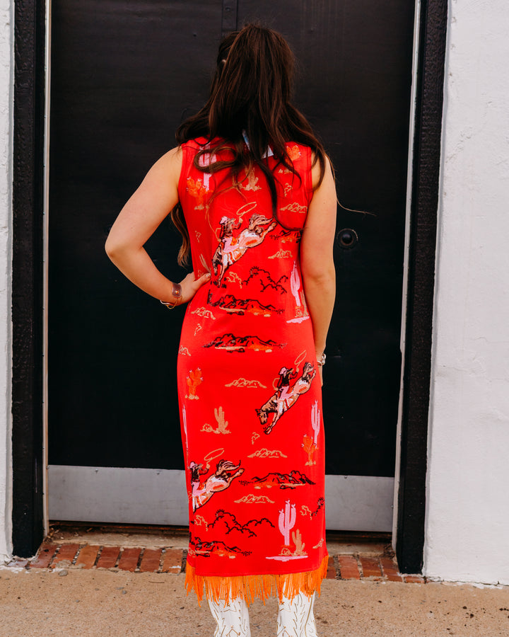 Queen Of Sparkles: Bucking Cowgirl Fringe Midi Tank Dress in Red (SP26205)