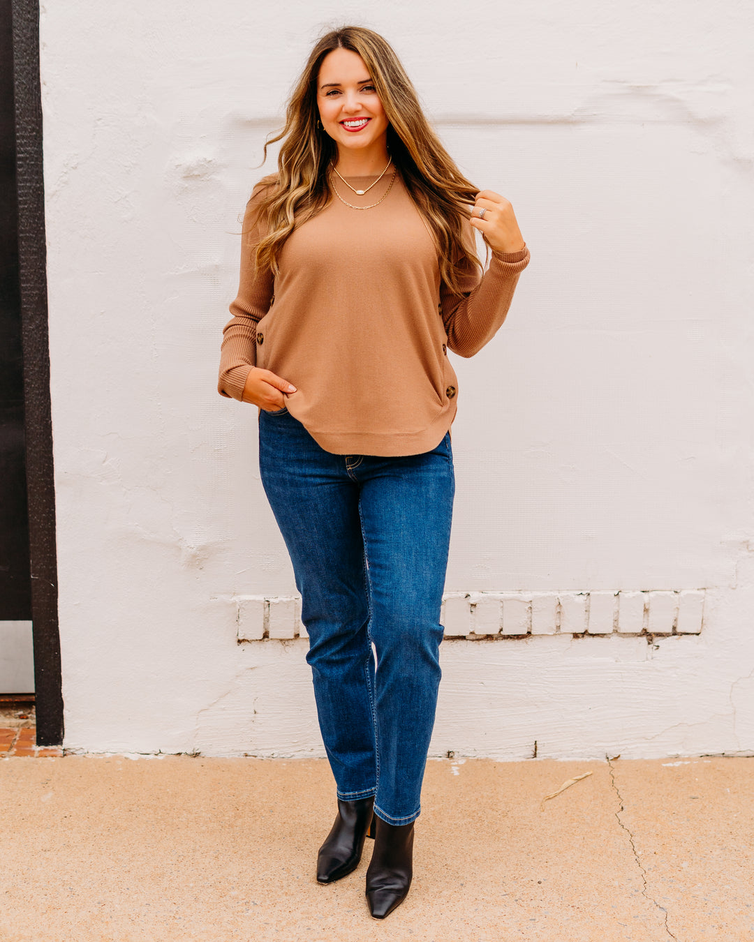Charlie B: Boat Neck Sweater With Side Buttons Detail in Truffle