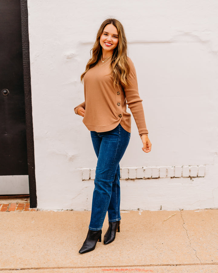 Charlie B: Boat Neck Sweater With Side Buttons Detail in Truffle
