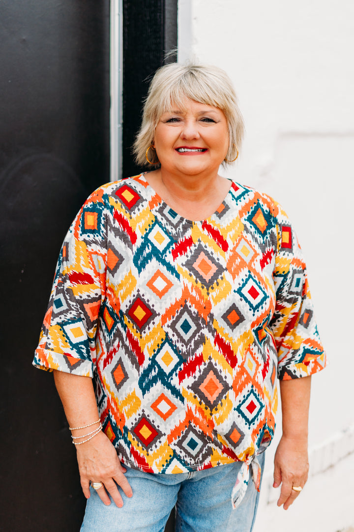Multiples:Cuffed Elbow Sleeve Tie Waist Top in Multi(M35109TM)