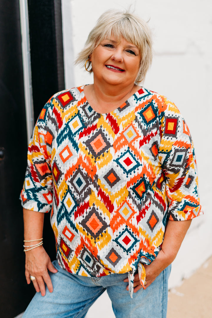 Multiples:Cuffed Elbow Sleeve Tie Waist Top in Multi(M35109TM)