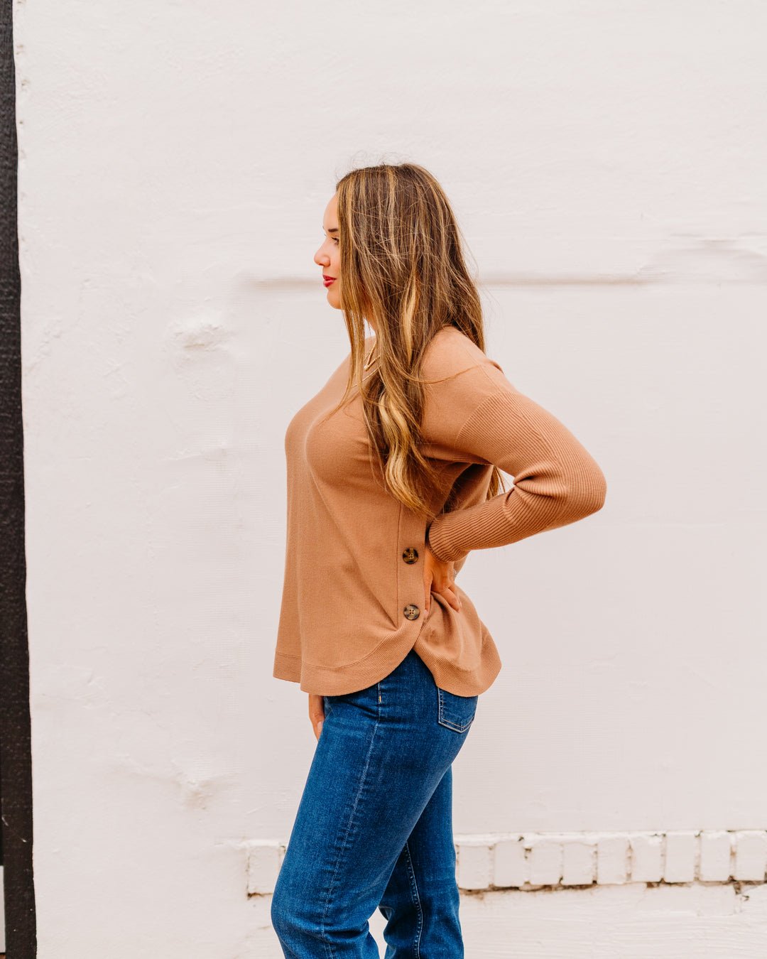 Charlie B: Boat Neck Sweater With Side Buttons Detail in Truffle