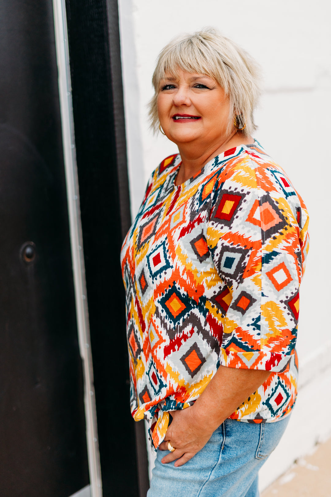 Multiples:Cuffed Elbow Sleeve Tie Waist Top in Multi(M35109TM)