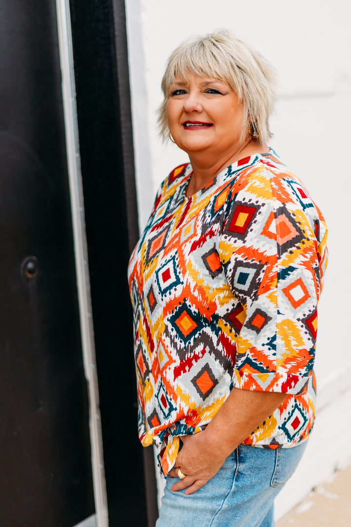 Multiples:Cuffed Elbow Sleeve Tie Waist Top in Multi(M35109TM)