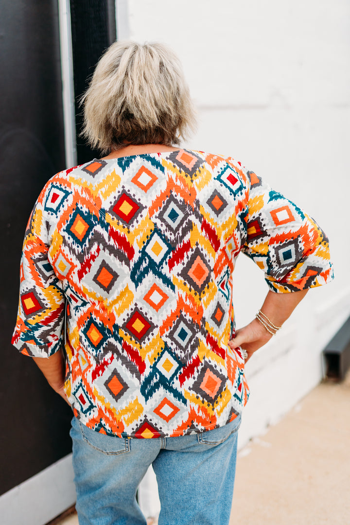 Multiples:Cuffed Elbow Sleeve Tie Waist Top in Multi(M35109TM)