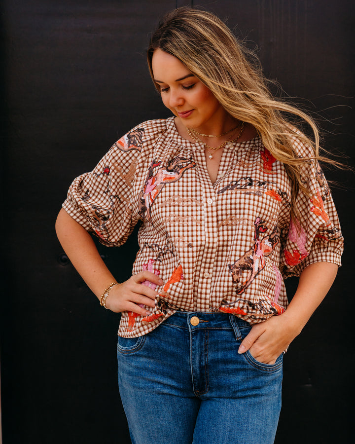 Queen Of Sparkles: Bucking Cowgirl Button up Top in Brown Gingham (SP26224)