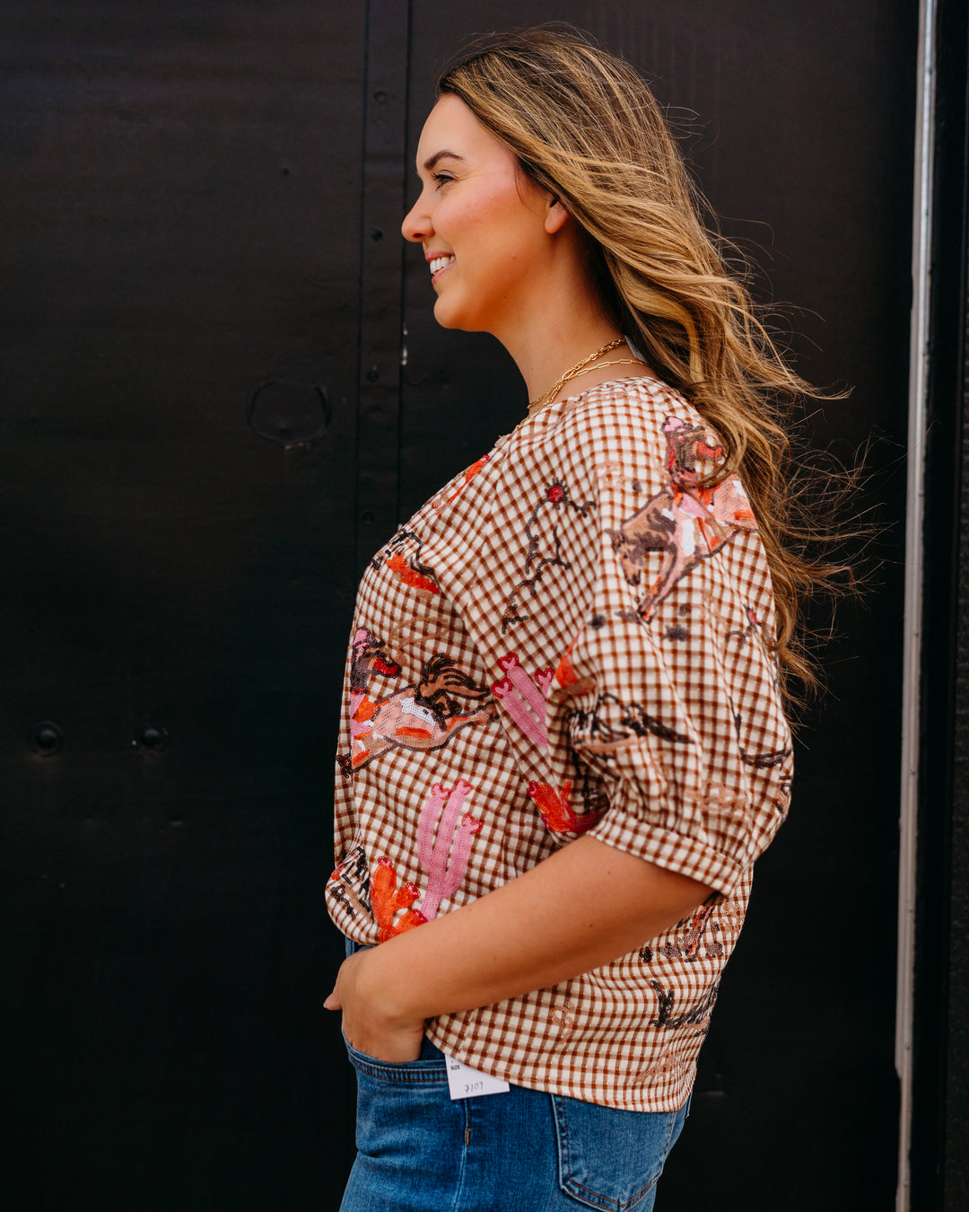 Queen Of Sparkles: Bucking Cowgirl Button up Top in Brown Gingham (SP26224)