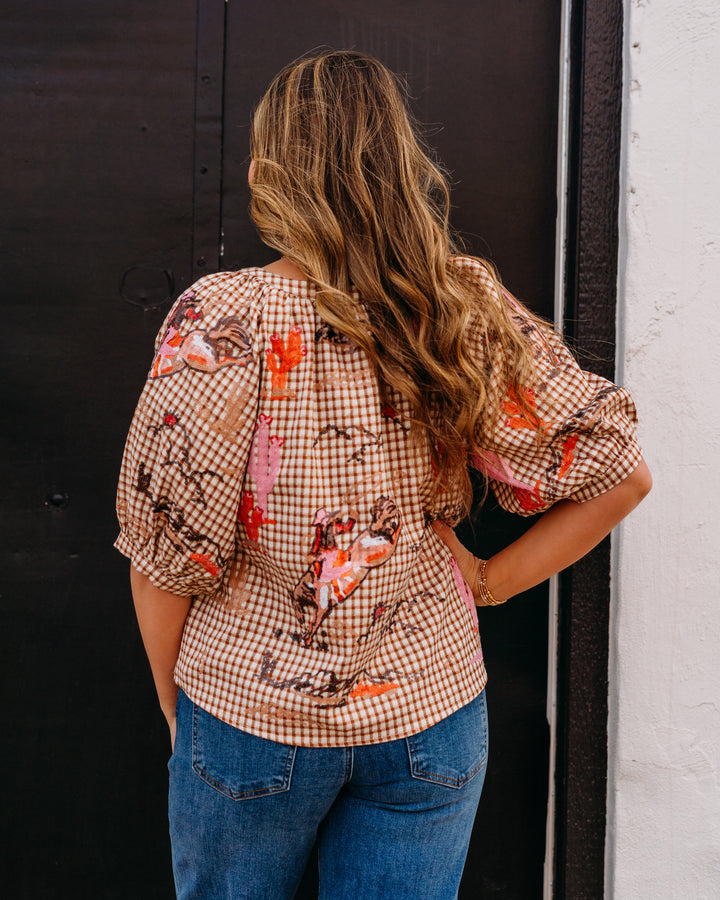 Queen Of Sparkles: Bucking Cowgirl Button up Top in Brown Gingham (SP26224)