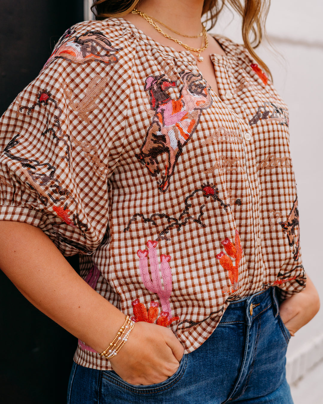 Queen Of Sparkles: Bucking Cowgirl Button up Top in Brown Gingham (SP26224)