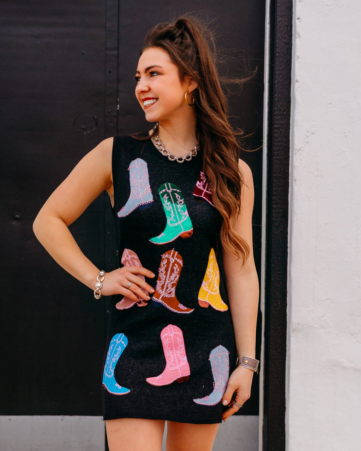 Queen Of Sparkles: Knit Cowboy Boot Tank Dress in Black (SP26692)