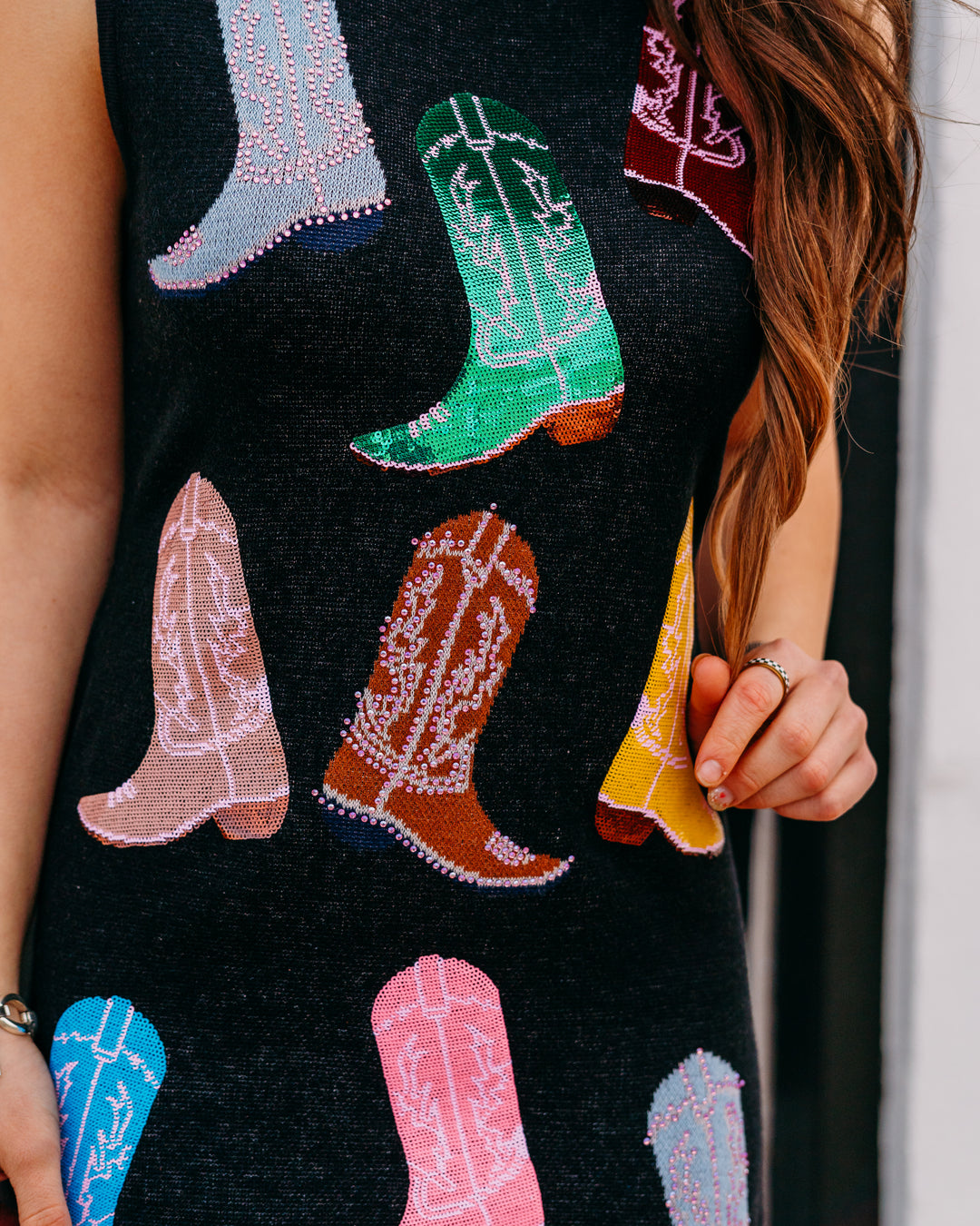 Queen Of Sparkles: Knit Cowboy Boot Tank Dress in Black (SP26692)