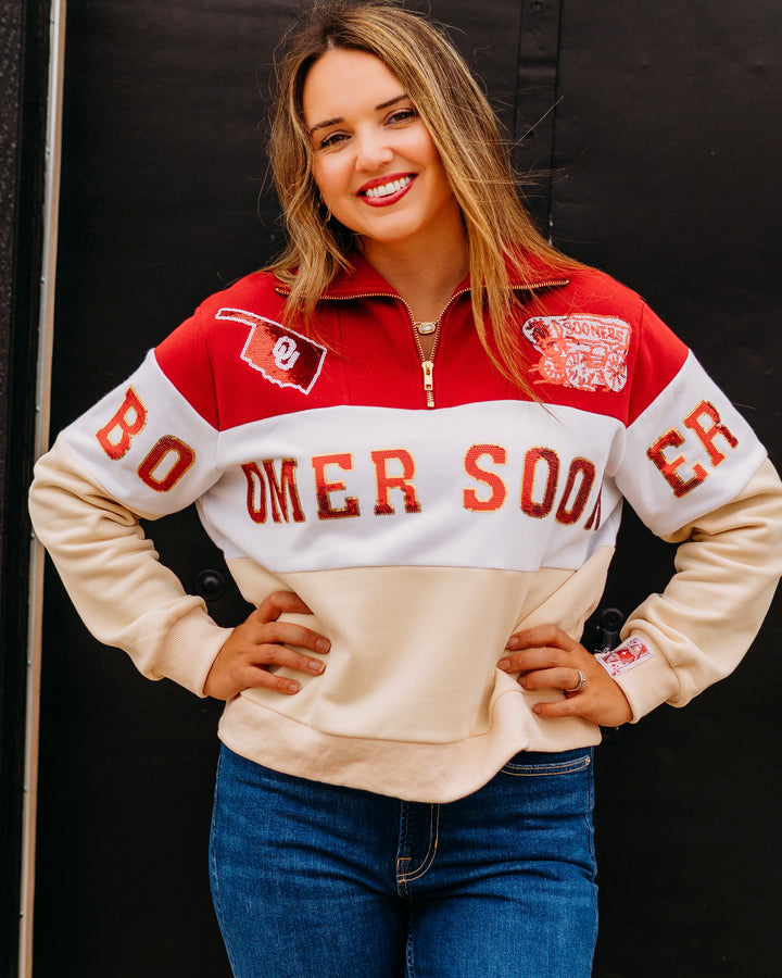 Queen Of Sparkles: Licensed Oklahoma Quarter Zip Colorblock Sweatshirt