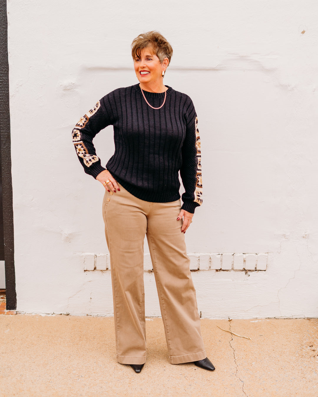 Charlie B: Sweater With Crochet Sleeve in Black