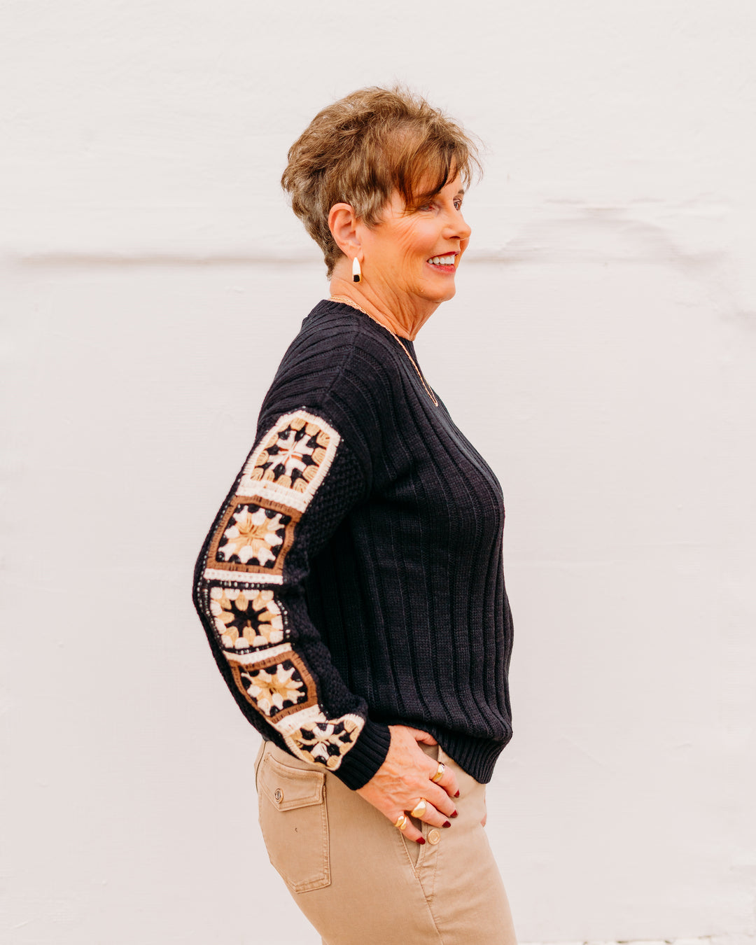 Charlie B: Sweater With Crochet Sleeve in Black