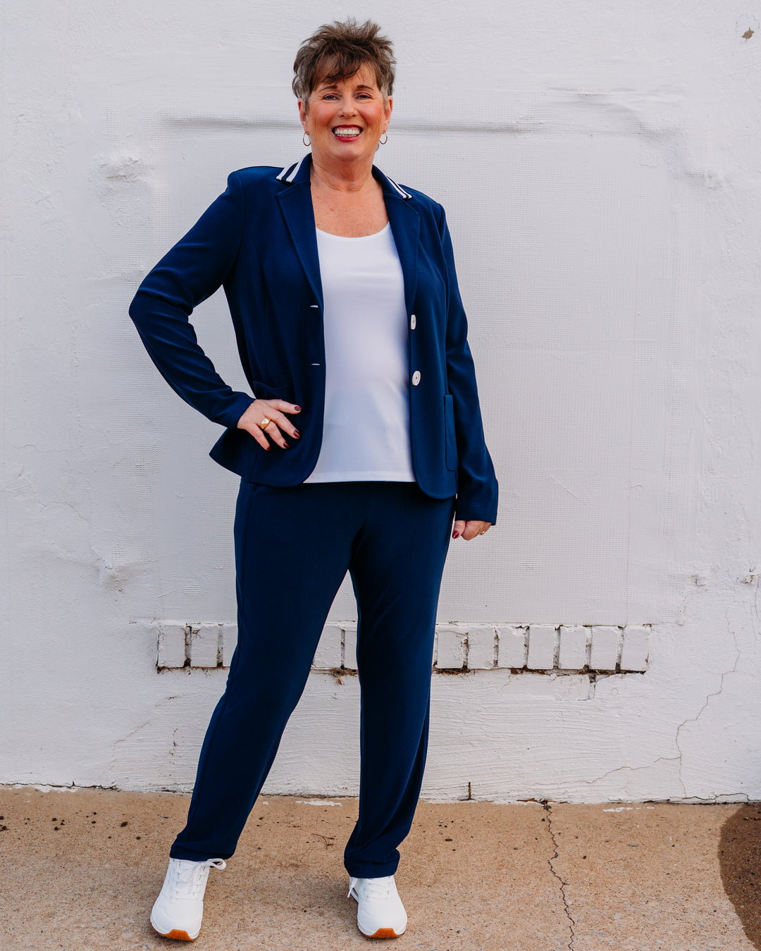 Joseph Ribkoff:Silky Knit Fitted Blazer With Stripe Band Detail in Navy (261622)