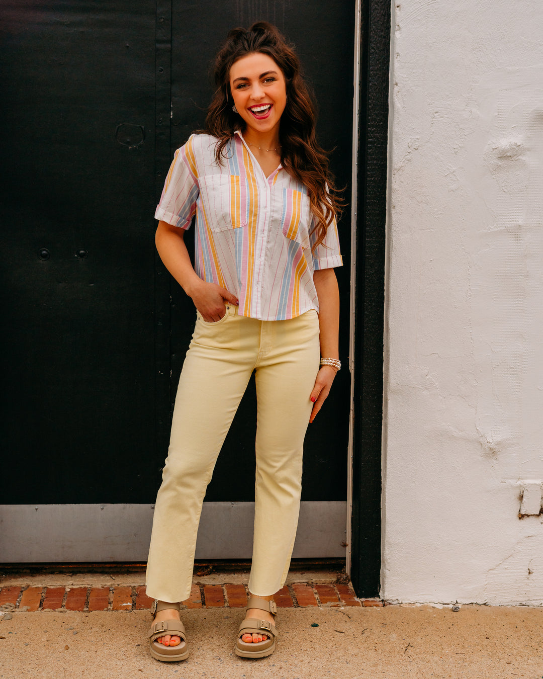 Kut: Kelsey High Rise Ankle Flare With Raw Hem in Pastel Yellow (KP0513ME6) - The Vogue Boutique