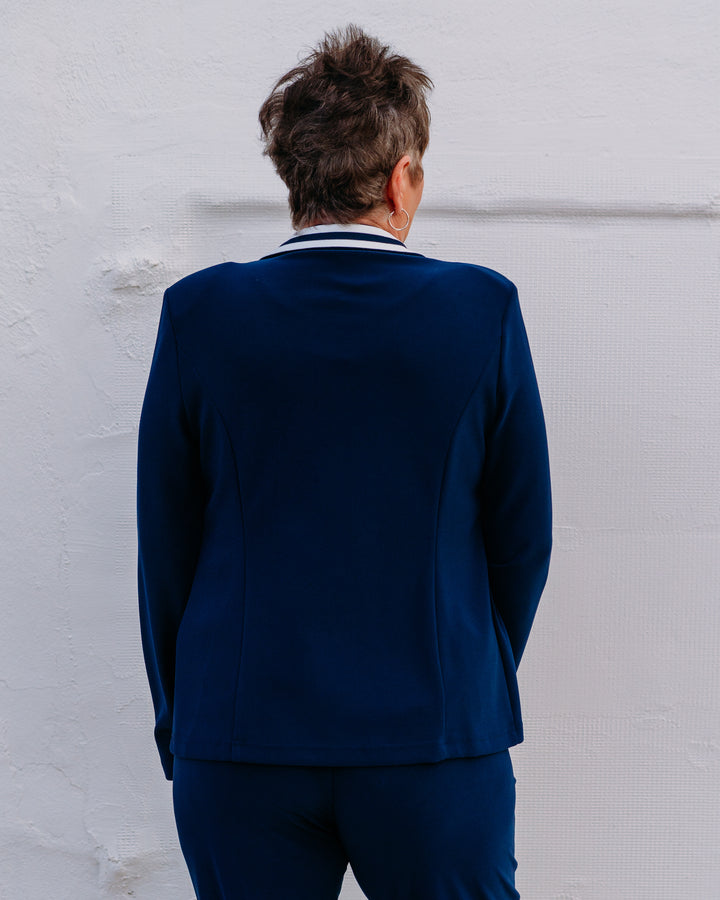 Joseph Ribkoff:Silky Knit Fitted Blazer With Stripe Band Detail in Navy (261622)