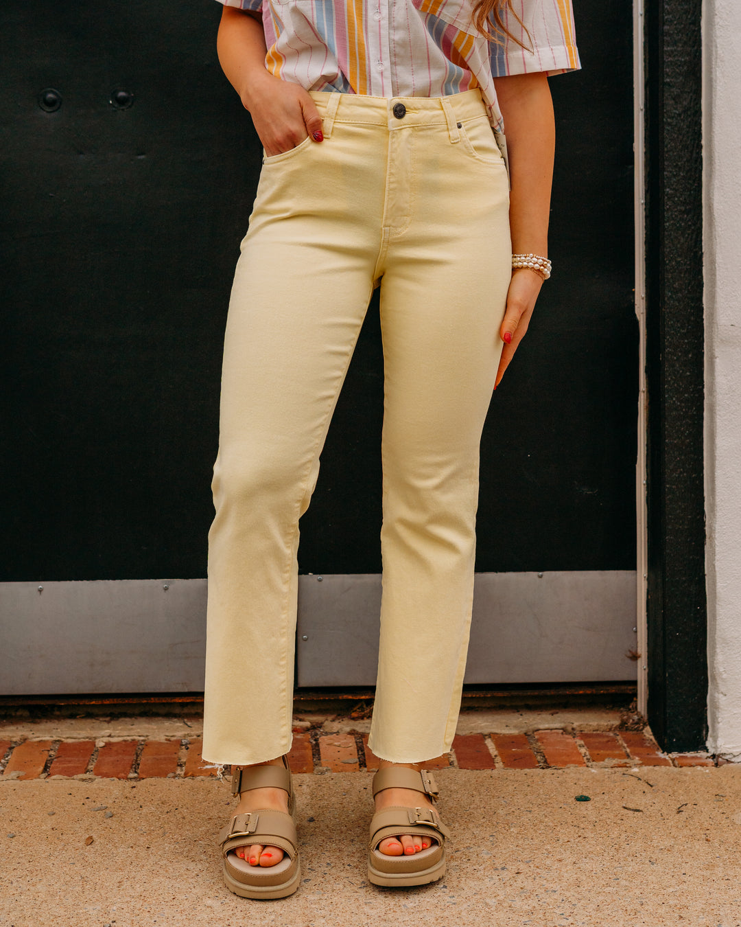 Kut: Kelsey High Rise Ankle Flare With Raw Hem in Pastel Yellow (KP0513ME6) - The Vogue Boutique