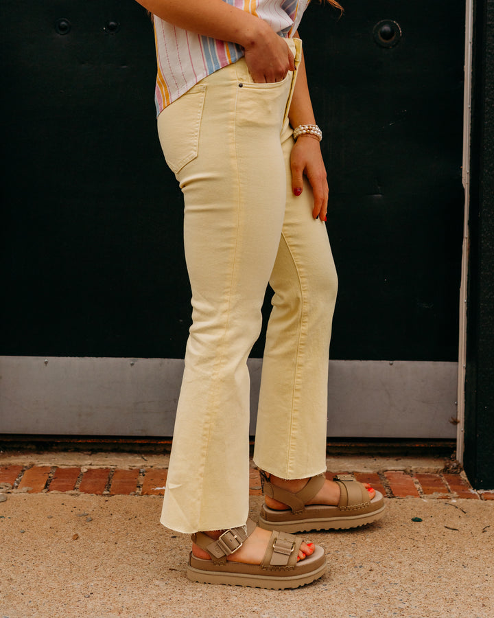 Kut: Kelsey High Rise Ankle Flare With Raw Hem in Pastel Yellow (KP0513ME6) - The Vogue Boutique