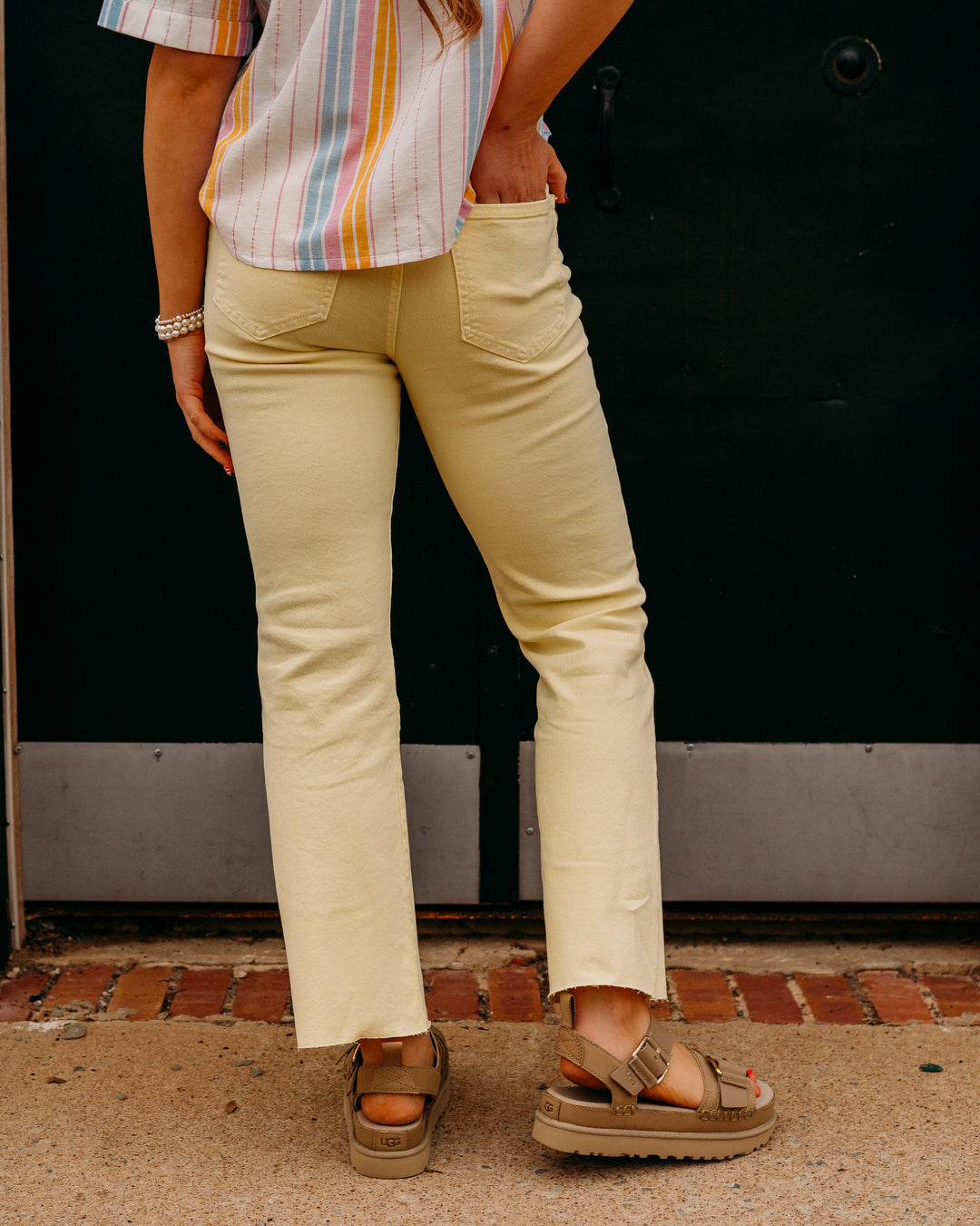 Kut: Kelsey High Rise Ankle Flare With Raw Hem in Pastel Yellow (KP0513ME6) - The Vogue Boutique