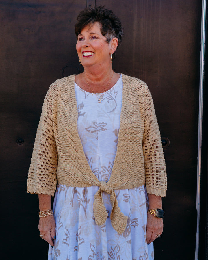 Multiples: 3/4 Sleeve Tie Front Waist Sweater Cardigan in Oatmeal (M26105KM)