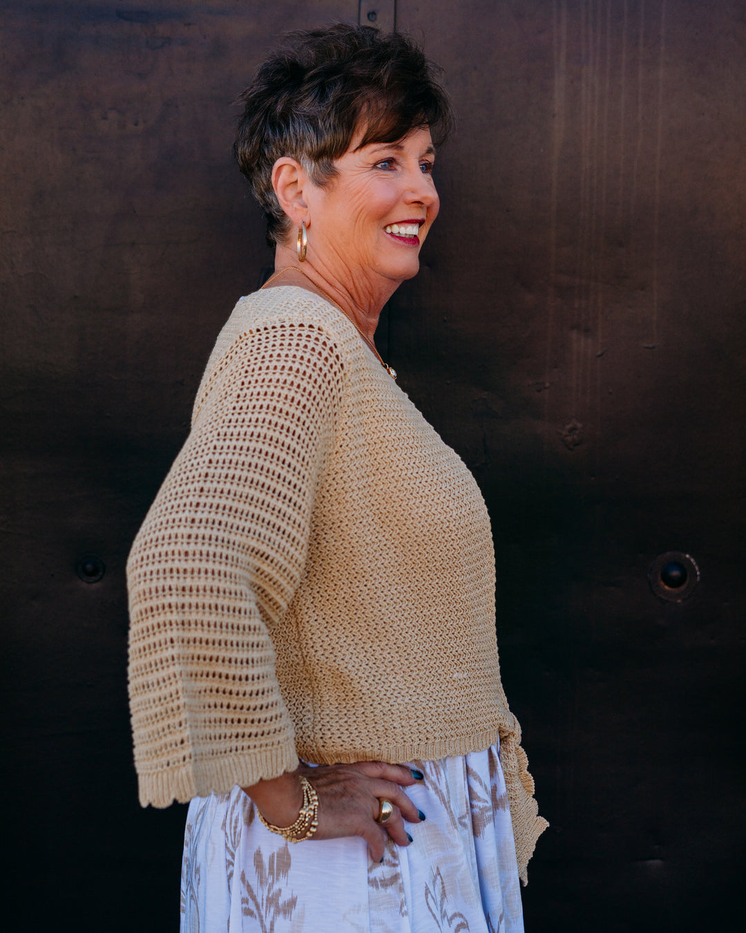 Multiples: 3/4 Sleeve Tie Front Waist Sweater Cardigan in Oatmeal (M26105KM)