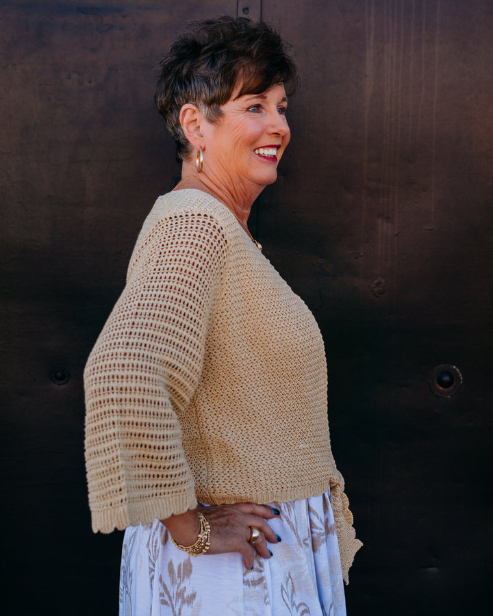 Multiples: 3/4 Sleeve Tie Front Waist Sweater Cardigan in Oatmeal (M26105KM)