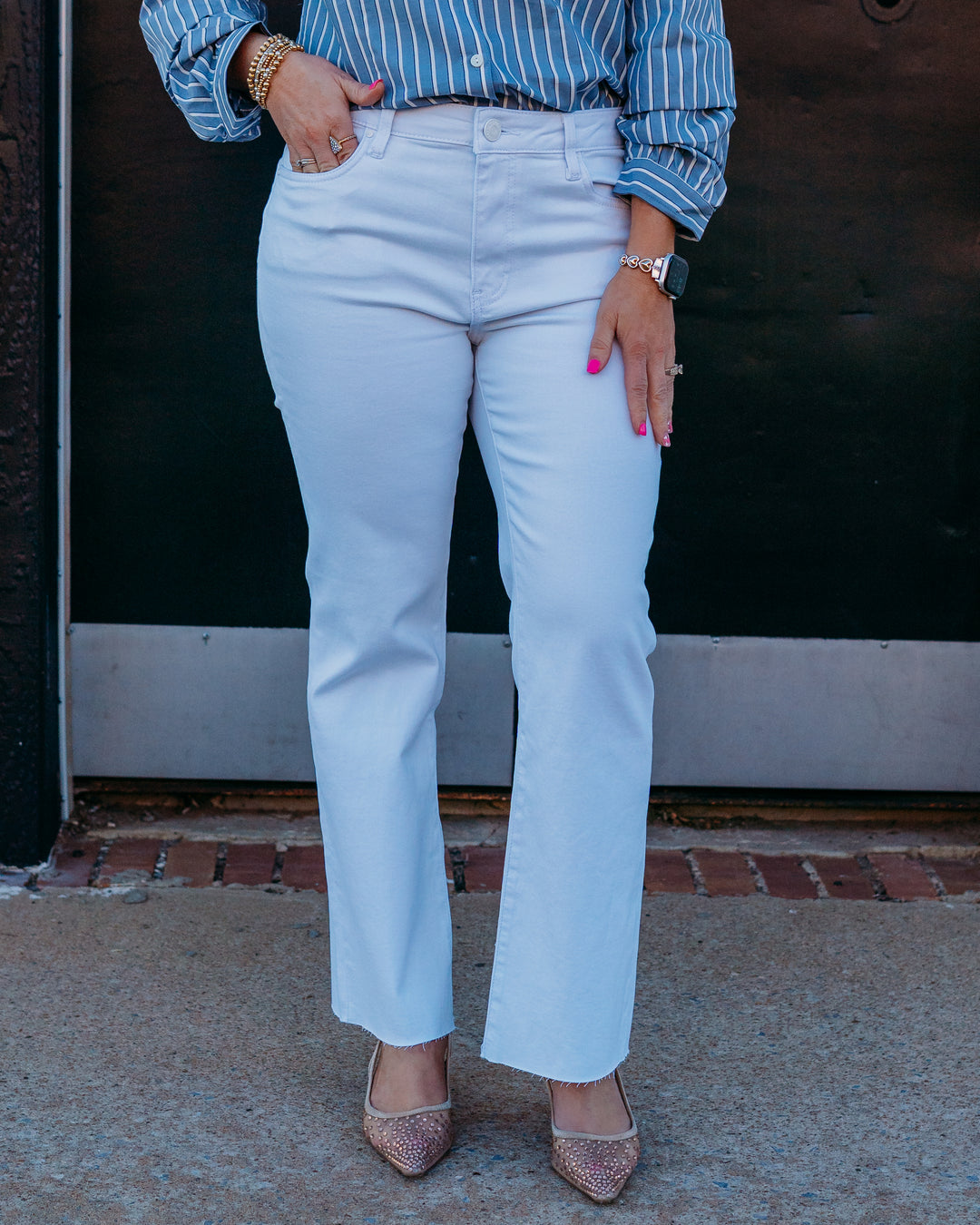 Kut: Kelsey High Rise Ankle Flare With Raw Hem in Optic White (KP0513ME7) - The Vogue Boutique