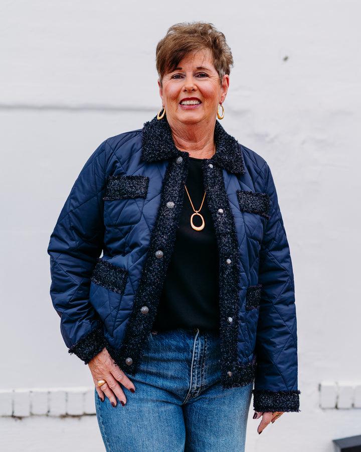 French Dressing Jeans: Indigo Quilted Sparkle Tweed Jacket 1458209