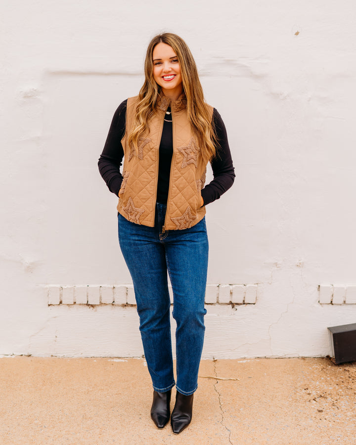 Charlie B: Boucle Quilted Short Vest in Khaki