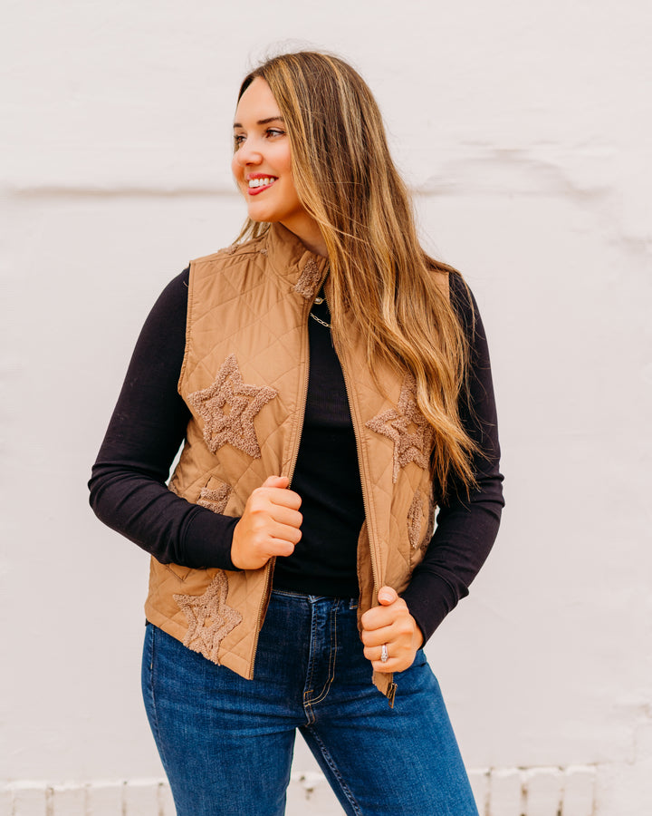 Charlie B: Boucle Quilted Short Vest in Khaki
