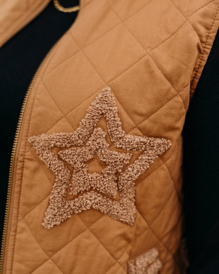 Charlie B: Boucle Quilted Short Vest in Khaki