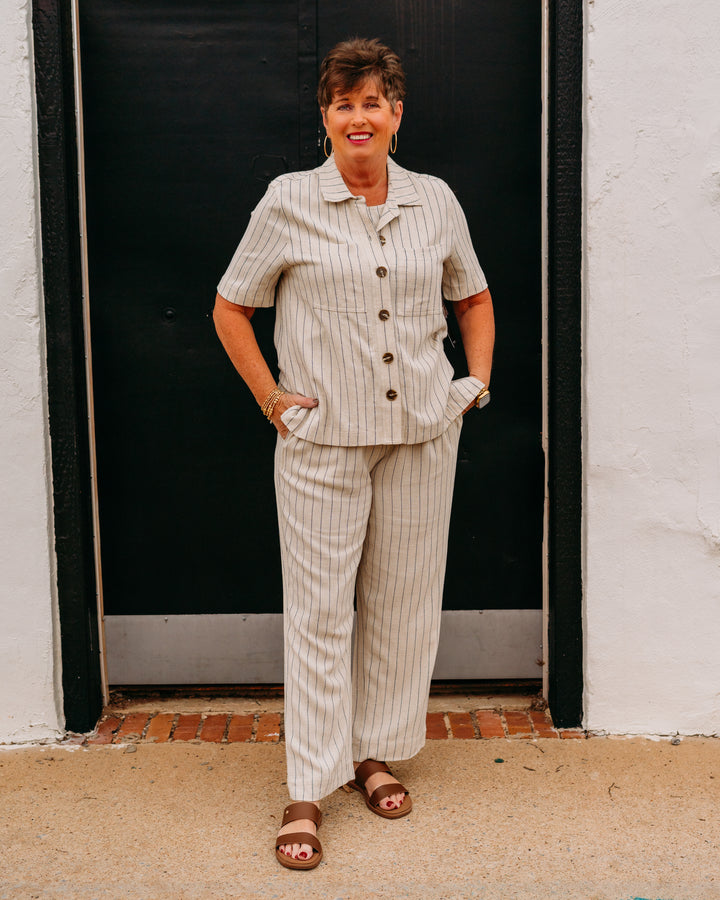 Multiples: Drawstring Elastic WaistCrop Pant W/Inseam Pockets in Flax (M26713PM) - The Vogue Boutique