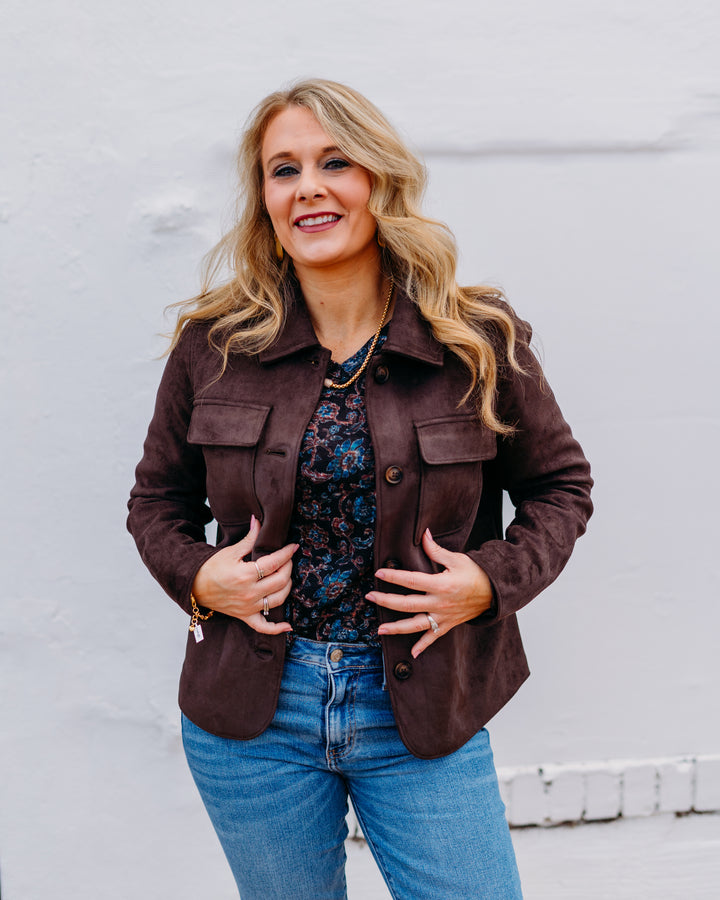 French Dressing Jeans: Brown Faux Suede Jacket 1926159